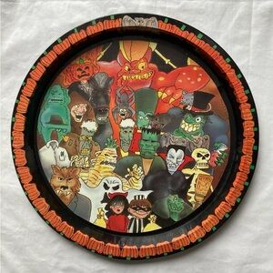 Vintage Monster 12.75” Tin Serving Tray Halloween Witch Wolf Ghost Dracula